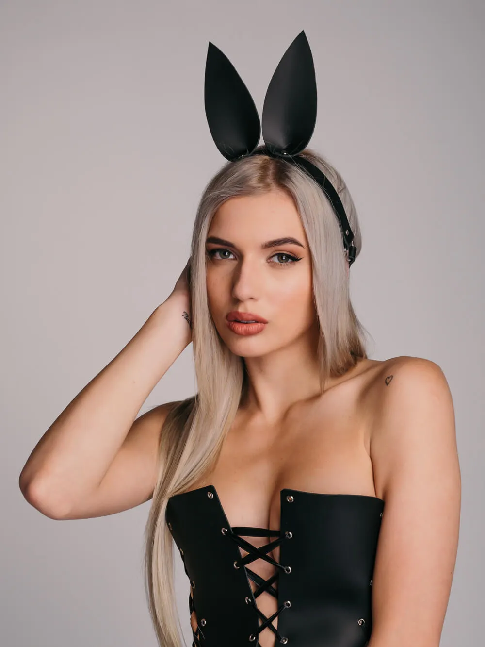Erotic leather tiara with rabbit ears. Halloween, BDSM and party carnival costume.