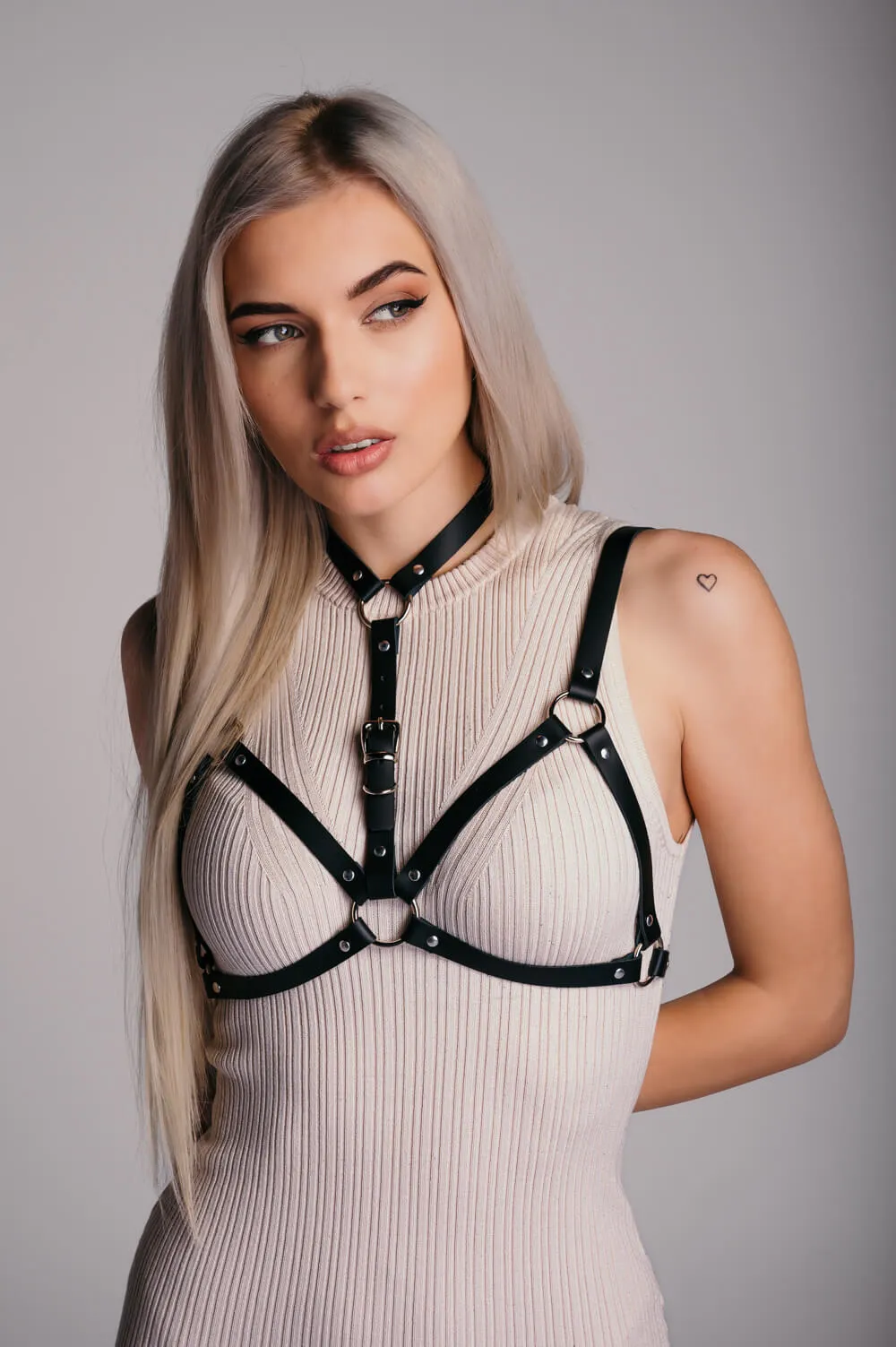 Arabella sexy leather harness with choker and black cutout bra.