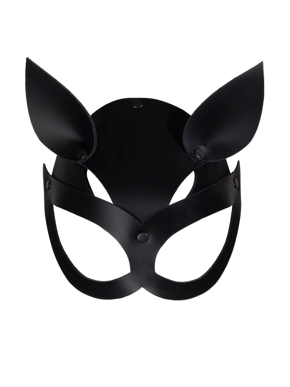 Черна еротична кожена маска котка с отвори за очите и котешки уши.