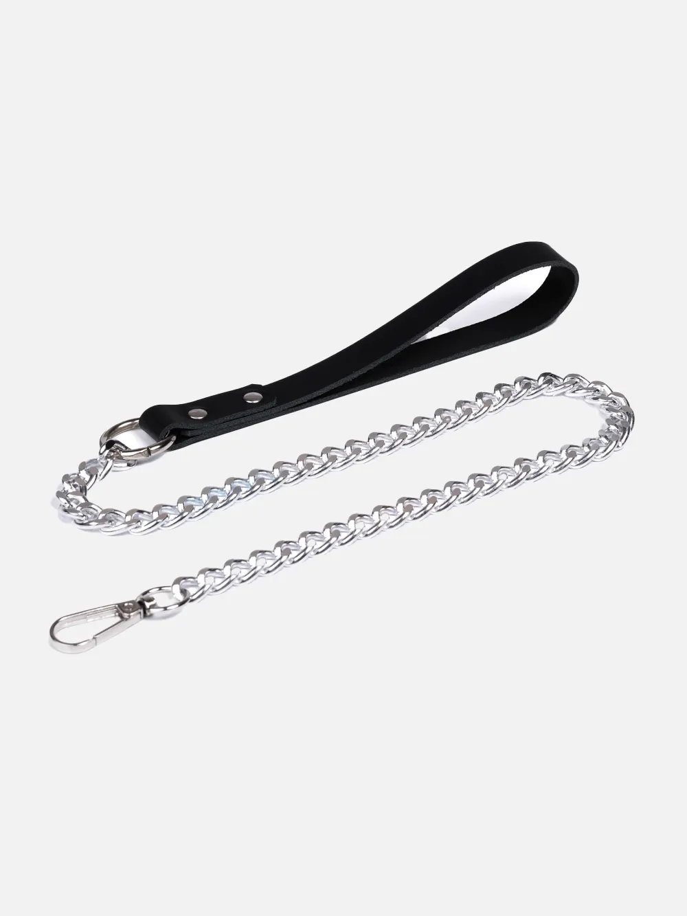 Erotic leather leash with chain and carabiner for tying and fastening. Accessories for adults.