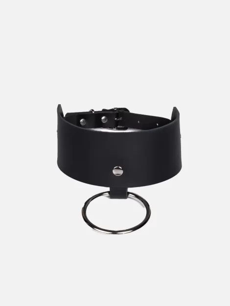 Wide black leather Heartbreaker choker with large metal ring.