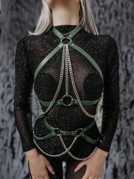 Women's Leather 2 Piece Full Body Set in Genuine Green Leather with Chains.