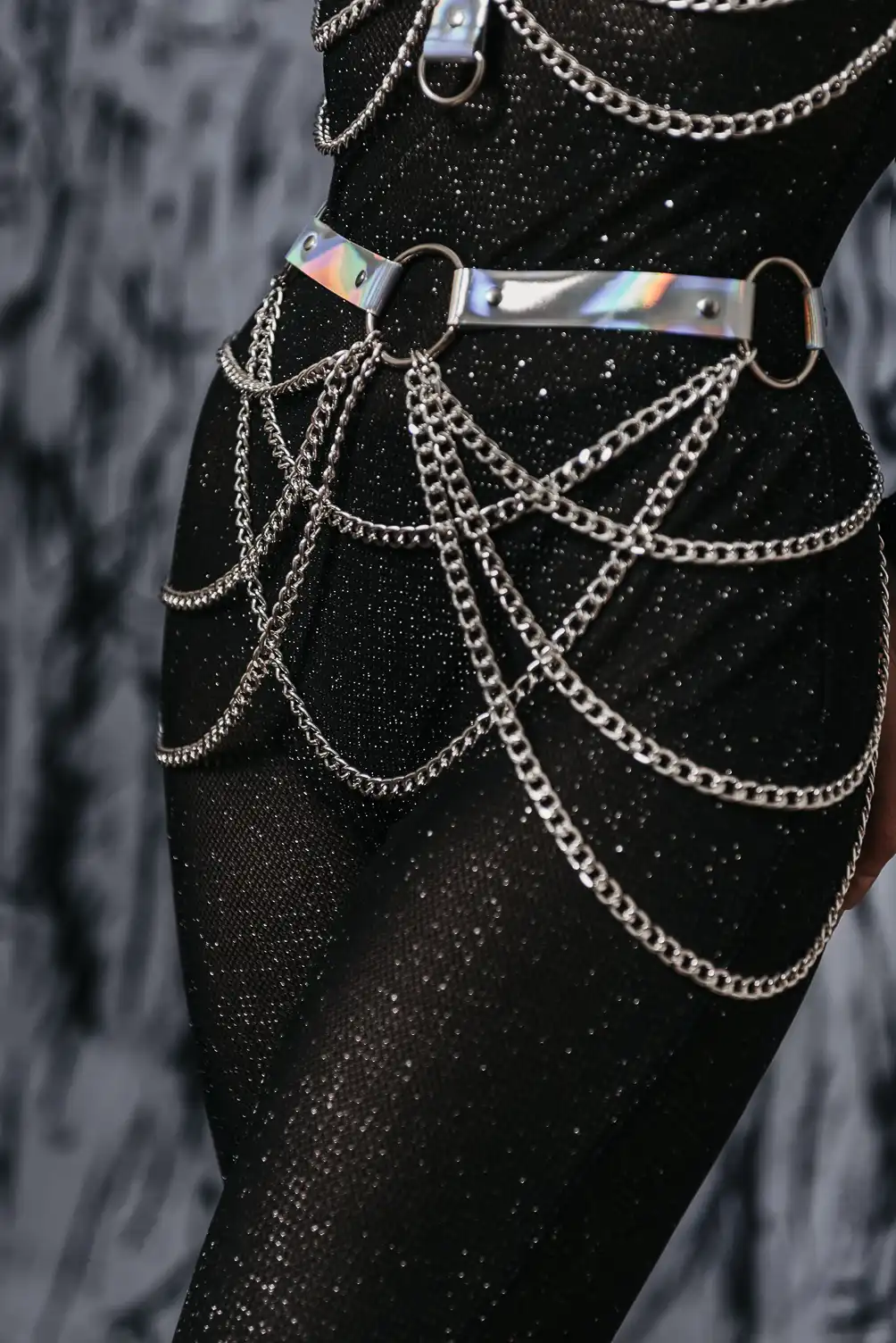 Handmade Alien leather belt with chains. High-end natural Italian leather with hologram color.