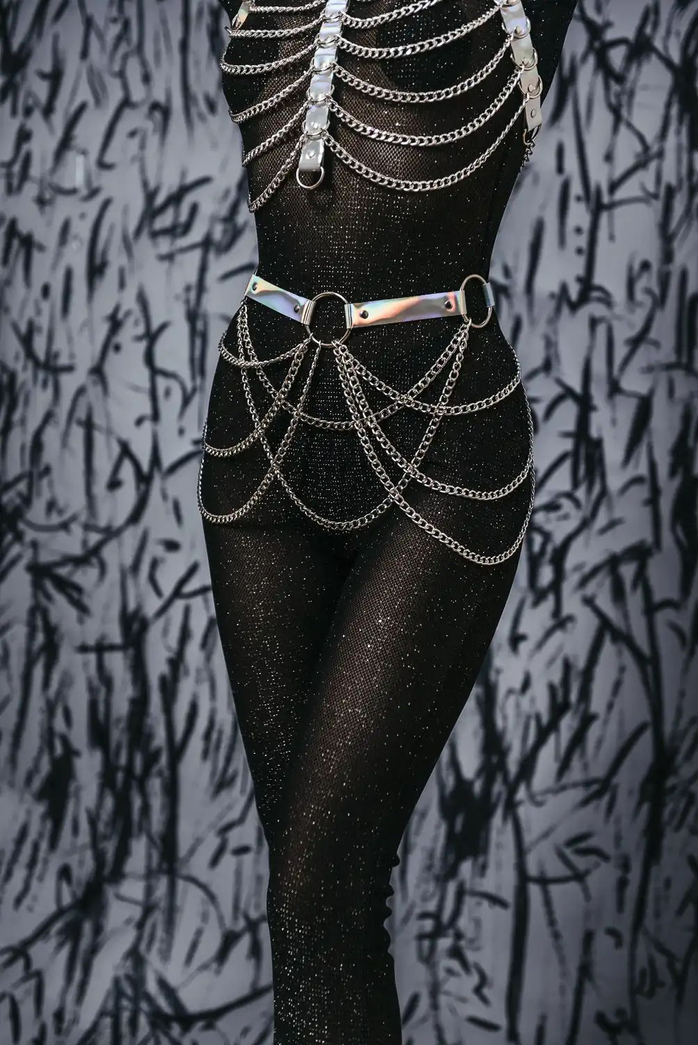Handmade Alien leather belt with chains. High-end natural Italian leather with hologram color.