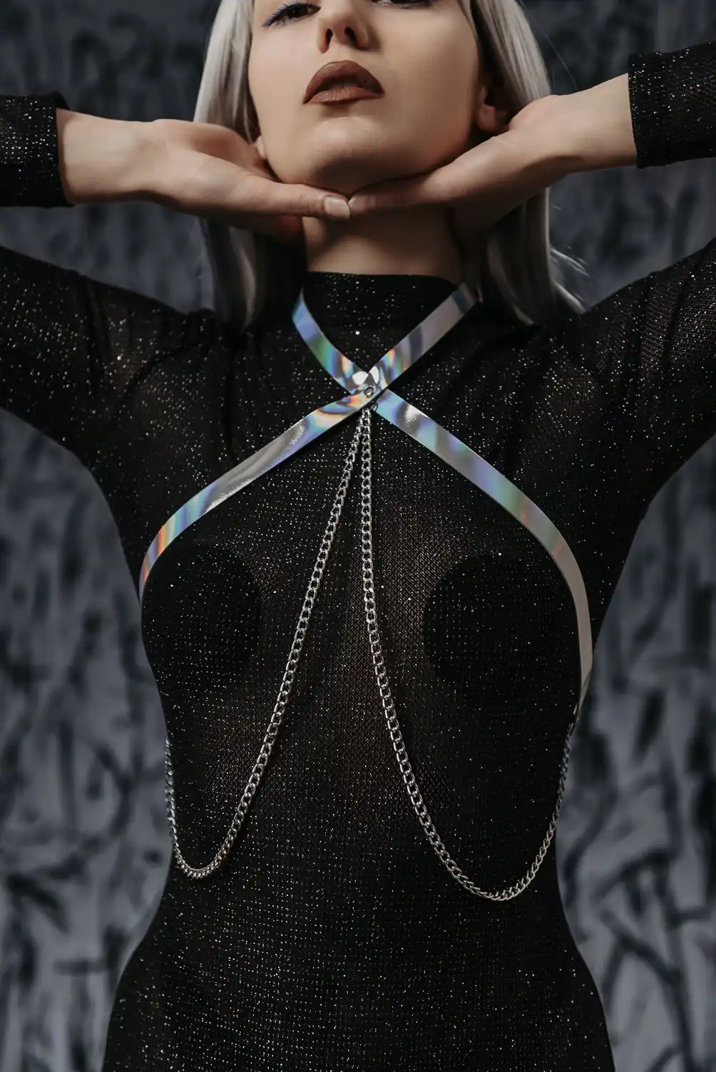 Handmade natural holographic leather body harness accessory with chains.