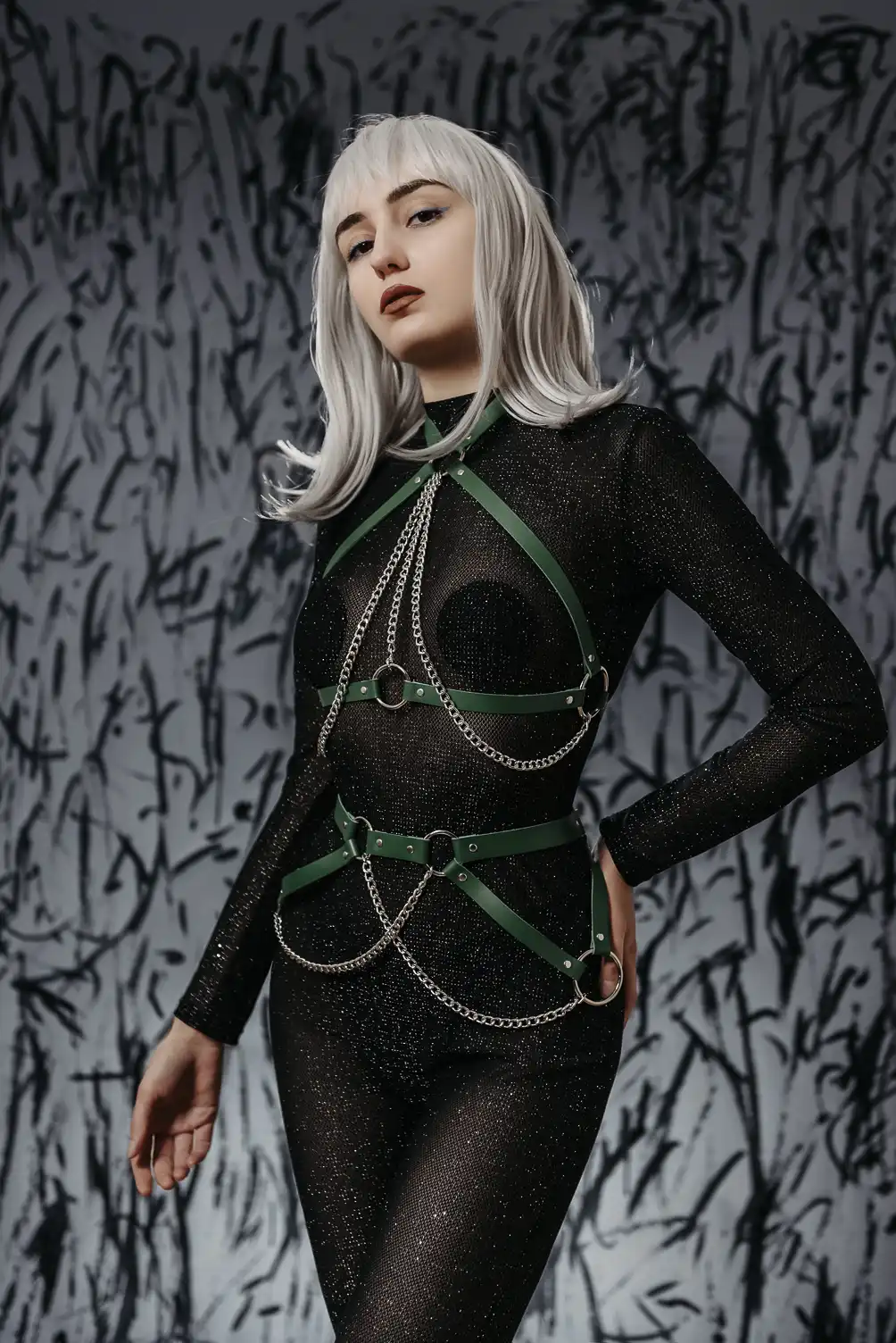Women's Leather 2 Piece Full Body Set in Genuine Green Leather with Chains.